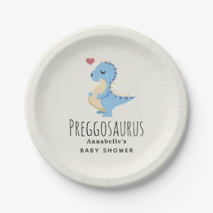 Preggosaurus Cute Dinosaur Boy Baby Shower Paper Plate