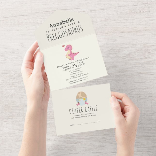 Preggosaurus Cute Funny Dinosaur Girl Baby Shower  All In One Invitation (Tearaway)