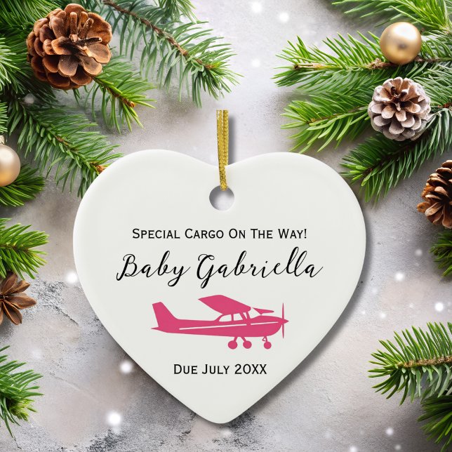 Pregnancy Announcement Baby Photo Pink Cessna Xmas Ceramic Ornament (front)