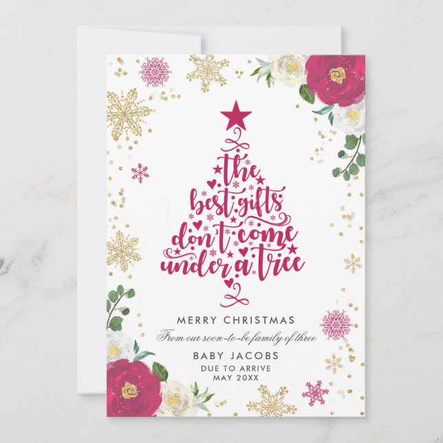 Pregnancy Announcement Christmas Card Floral Frame (Front)