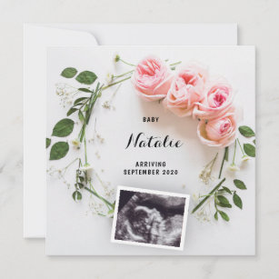 Pregnancy Announcement Pink Floral Wreath Card