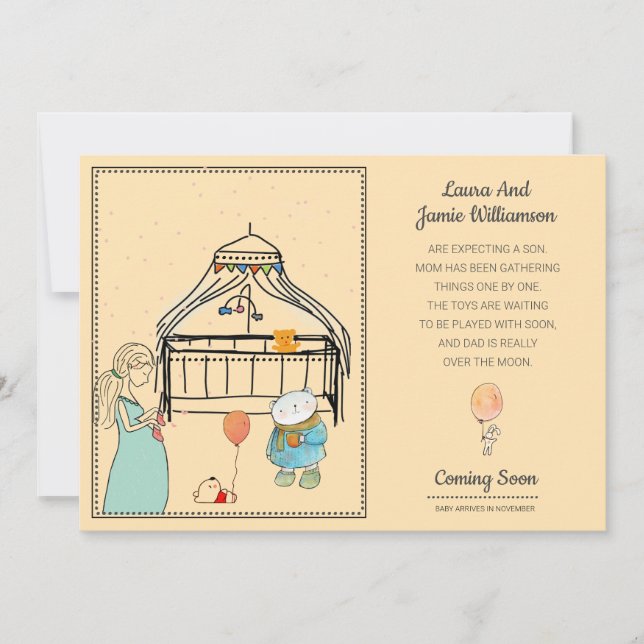 Pregnancy Announcement Watercolor Peach Baby Boy (Front)