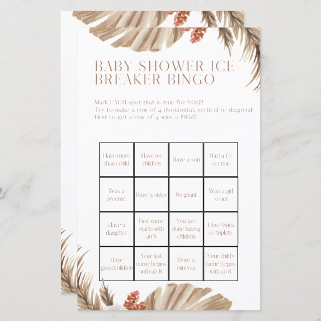 Pregnancy Baby Shower Bingo Shower Game (Front/Back)