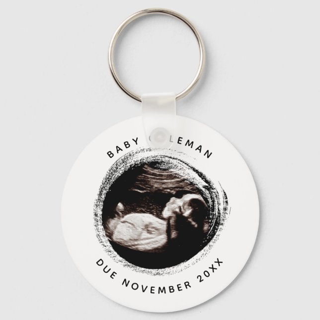 Pregnancy Baby Sonogram Ultrasound Photo Due Date Keychain (Front)