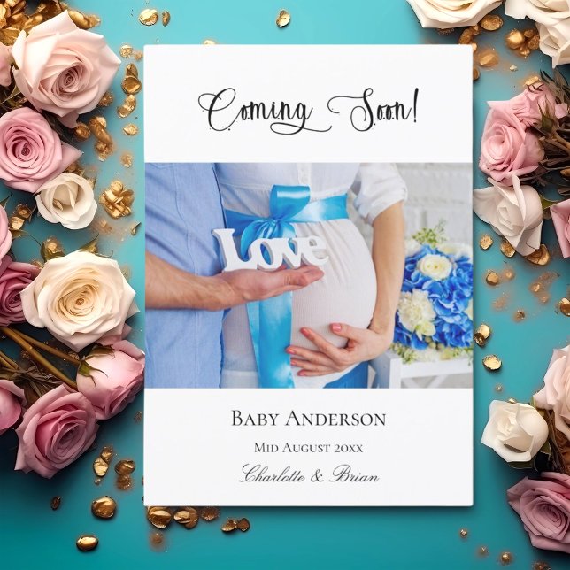 Pregnancy coming soon pregnant baby photo blue announcement (Creator Uploaded)