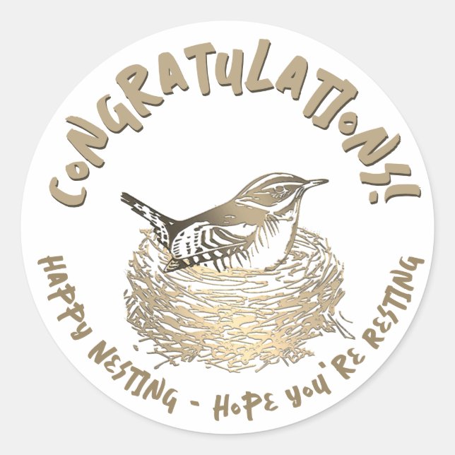 Pregnancy Congratulations Bird Nest Embossed Gold  Classic Round Sticker (Front)