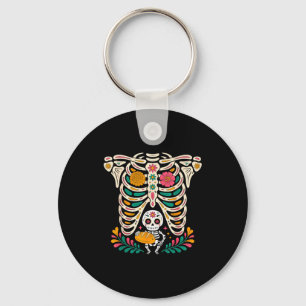 Pregnancy Skeleton Dia De Los Muertos Mexican Bell Keychain