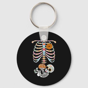 Pregnancy Skeleton Dia De Los Muertos Mexican Bell Keychain