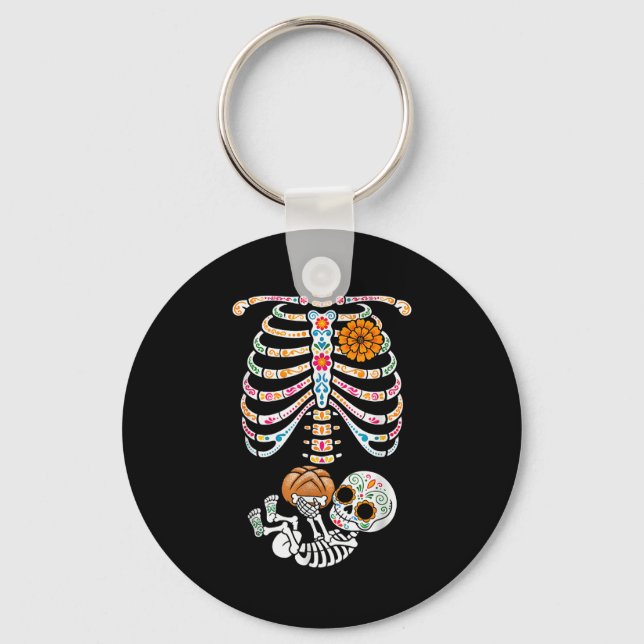 Pregnancy Skeleton Dia De Los Muertos Mexican Bell Keychain (Front)
