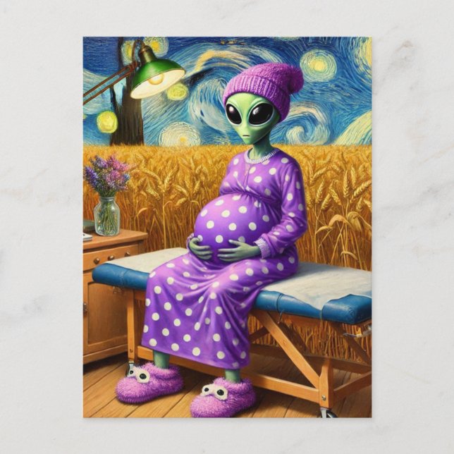 Pregnant Alien in a Polka Dot Dress in Wheat Field Postcard (Front)