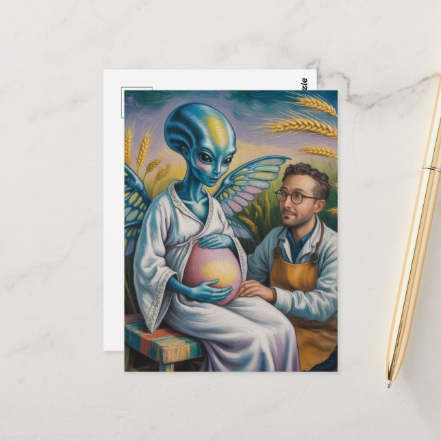 Pregnant Alien With Wings in Wheat Field Postcard (Front/Back In Situ)