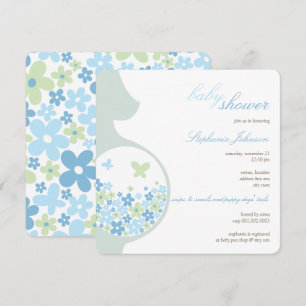 Pregnant Mom And Blue Daisies Chic Boy Baby Shower Invitation