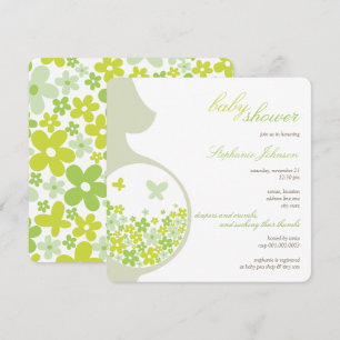 Pregnant Mom And Green Daisies Neutral Baby Shower Invitation