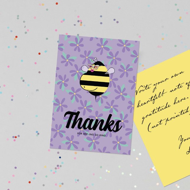 Pregnant Mom Bee with Glasses Purple Floral Thank You Card (Creator Uploaded)