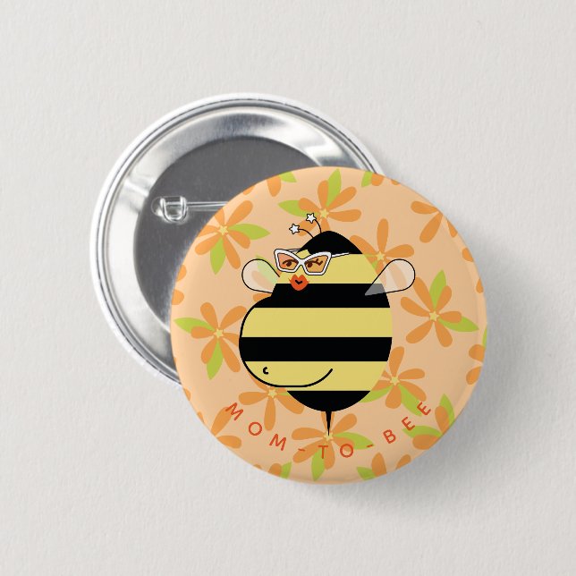 Pregnant Mom-to-Bee with Glasses Orange Floral  2 Inch Round Button (Front & Back)