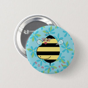 Pregnant Mom-to-Bee with Glasses Teal Blue Floral 2 Inch Round Button