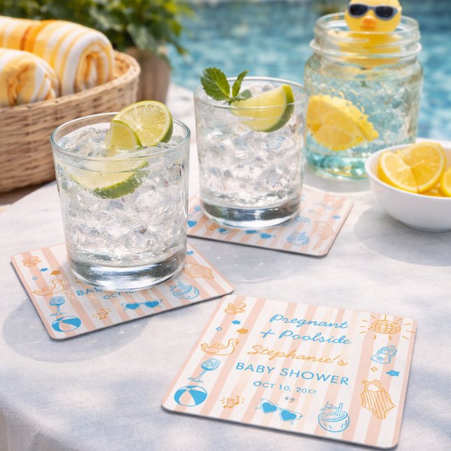 Pregnant & Poolside Summer Pool Party Baby Shower Square Paper Coaster (Creator Uploaded)