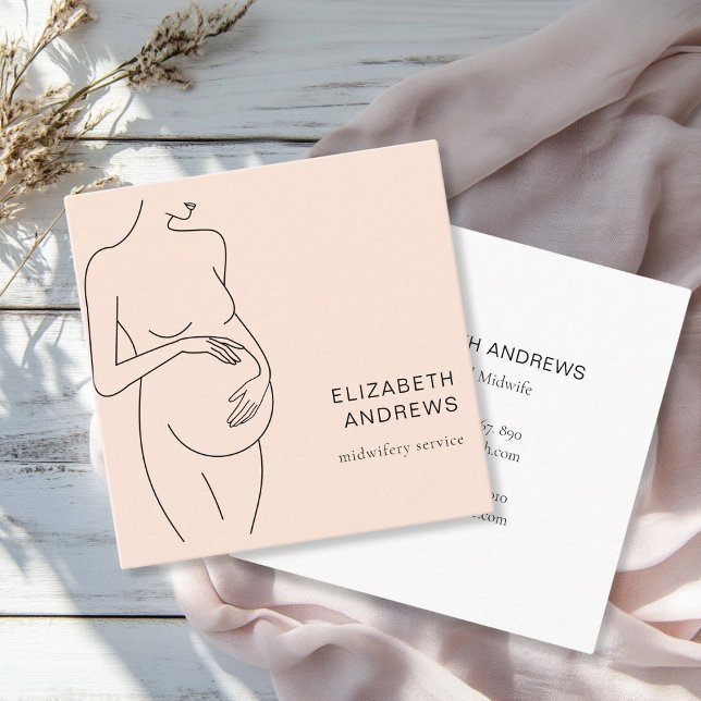 Pregnant Woman Simpel Modern Peach Square Business Card (Modern, minimalist business card, peach, black. Line Art Illustration, pregnant woman. Enter your da)