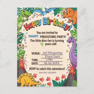 Prehistoric Dinosaur Kids Happy Birthday Party Announcement Postcard