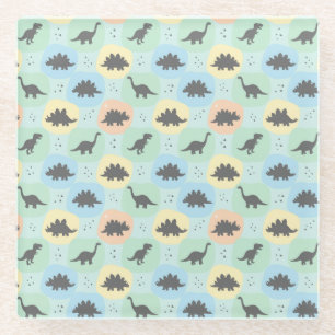 Prehistoric Dinosaur Silhouette Seamless Pattern Glass Coaster