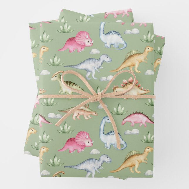Prehistoric Dinosaurs and Plants Green Wrapping Paper Sheet (In situ)