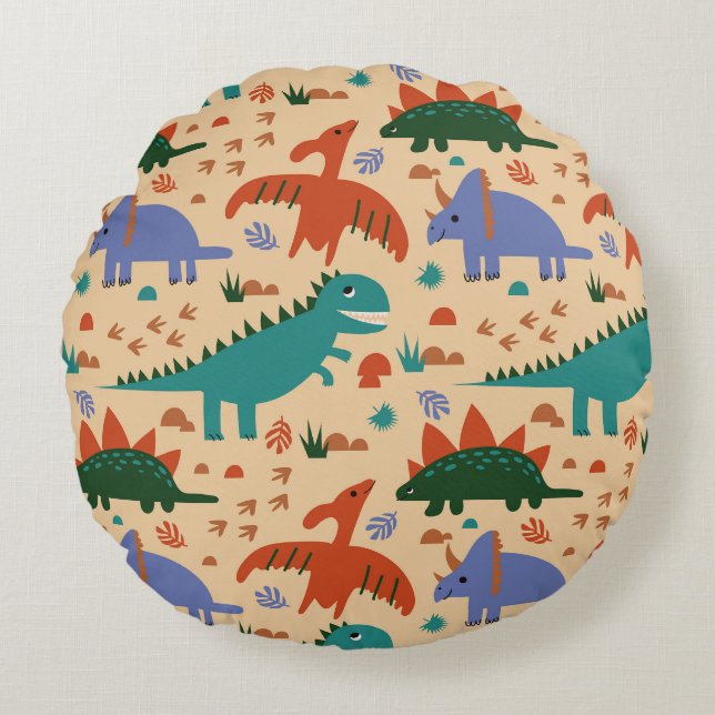Prehistoric Dinosaurs & Fossil Prints Pattern Round Pillow (Front)