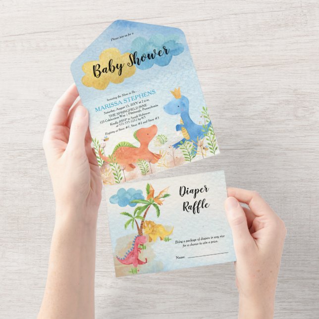 Prehistoric Dinosaurs Playing Boy Baby Shower  All In One Invitation (Tearaway)