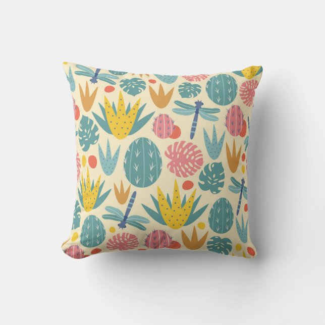 Prehistoric Foliage and Dragonflies Throw Pillow (Front)