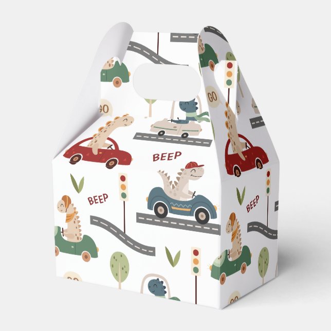 Prehistoric Groups of Colourful Dinosaurs Driving Favor Box (Front Side)