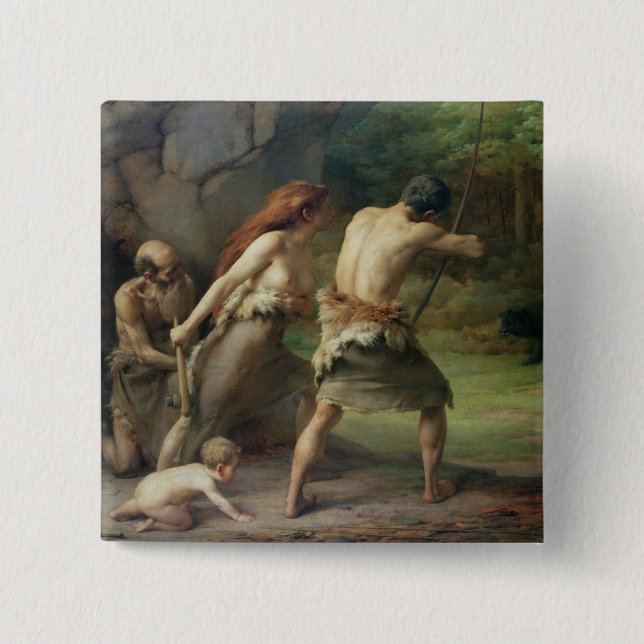 Prehistoric Man Hunting Bears, 1832 2 Inch Square Button (Front)