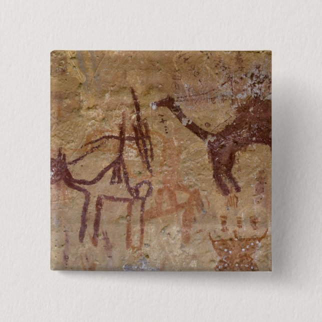 Prehistoric rock paintings with camels and 2 inch square button (Front)