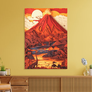 Prehistoric Volcanic Landscape in Paper Cut Art Canvas Print
