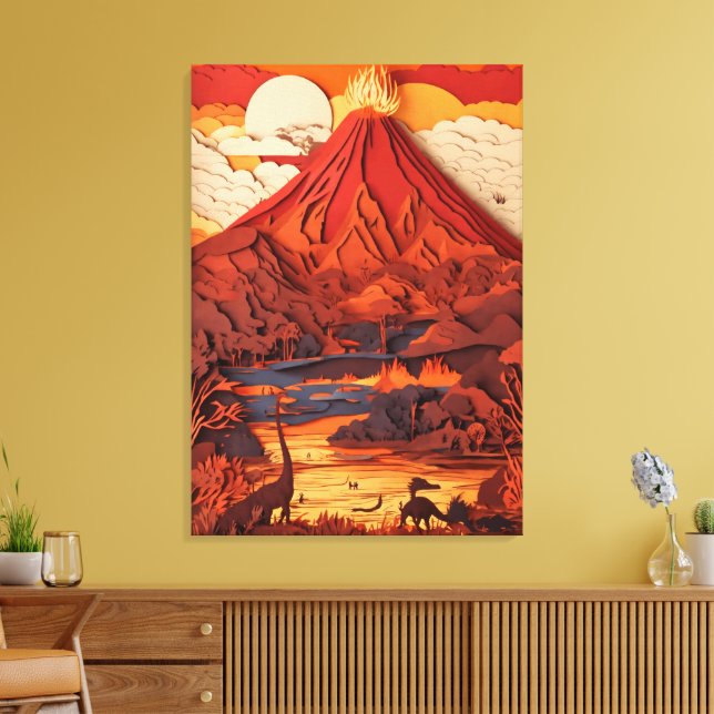 Prehistoric Volcanic Landscape in Paper Cut Art Canvas Print (Insitu(LivingRoom))