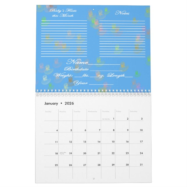 Premier calendrier de bleu de l'année du bébé (Jan 2026)