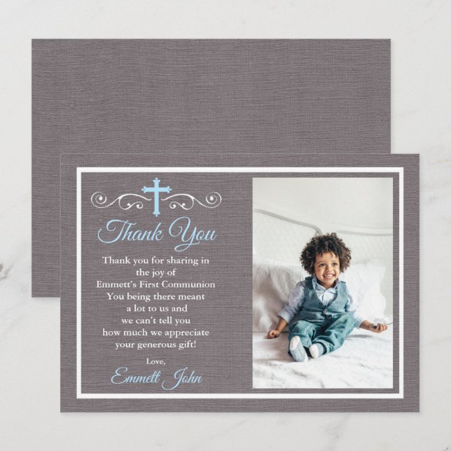Premier Carte de remerciements de communion Garçon (Devant / Derrière)