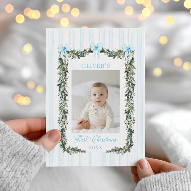 Premier Carte photo de Noël du bébé garçon (Elegant Blue Photo First Christmas Card)