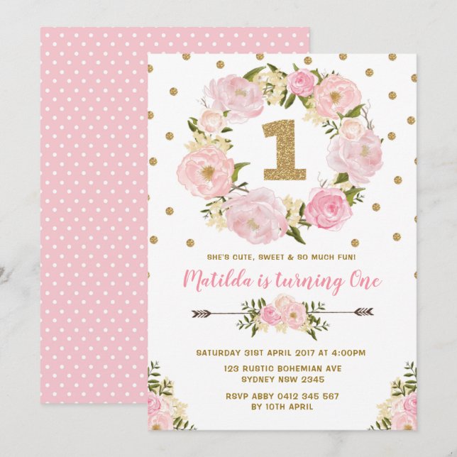 Premier Invitation de fête d'anniversaire de la fl (Devant / Derrière)