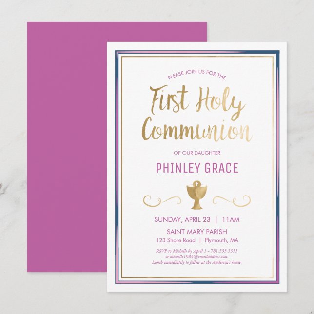 Premier Invitation de la Communion, Élégant, Rose, (Devant / Derrière)