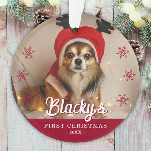 Premier Noël Chiot Photo Red Snowflakes