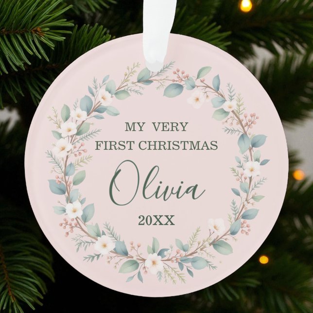 Premier Noël du bébé avec cadre floral rose mignon (Créateur téléchargé)