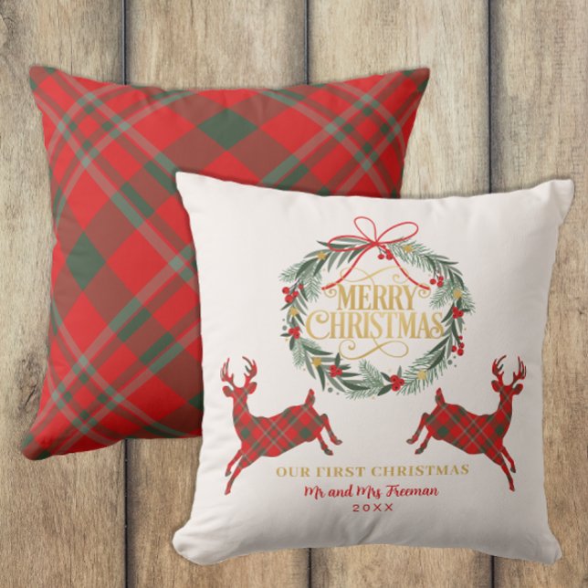 Premier Noël M. & Mme Red Plaid Coussin (Christmas Keepsake Throw Pillow)