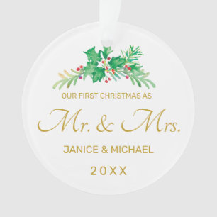 Premier Noël M. & Mme Watercolor Holly Photo