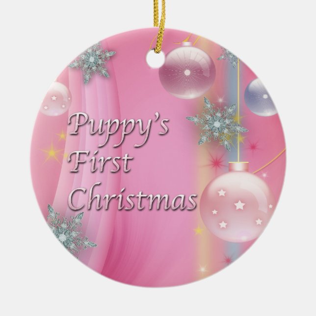 Premier ornement d'arbre de Noël de Chien rose (Devant)