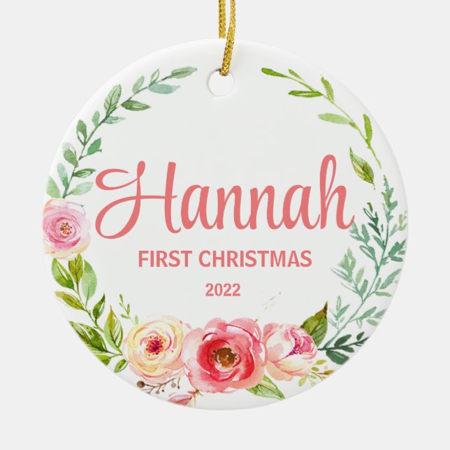 Premier ornement de Noël du bébé, couronne de fleu (Devant)
