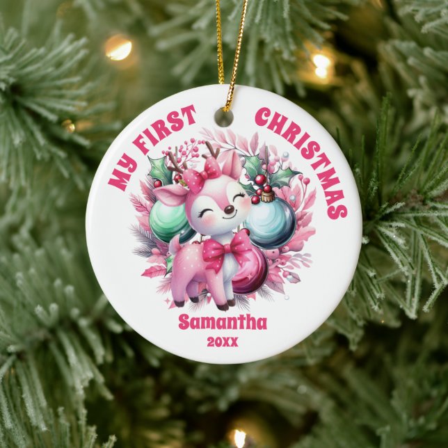 Premier ornement de Noël du bébé Rindeer Rose (Arbre)