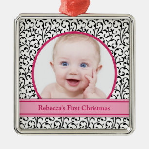 Premier ornement de Noël du bébé rose floral chic