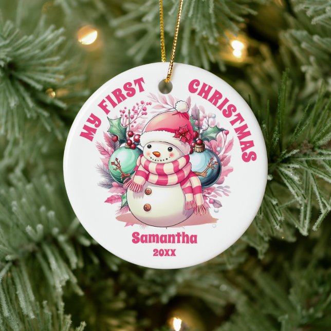 Premier ornement de Noël du bébé Snowman rose (Arbre)