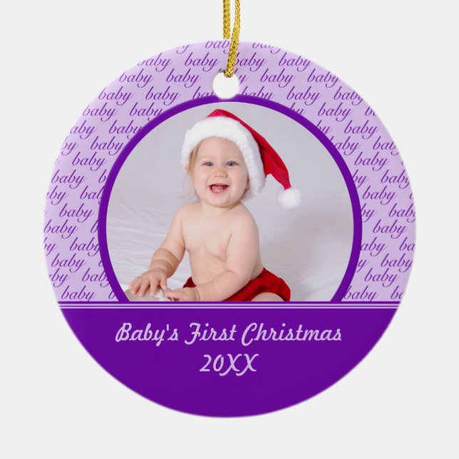 Premier ornement de photo de Noël du bébé pourpre (Devant)