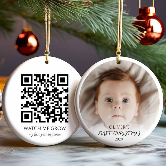 Premier ornement photo de Noël du bébé avec code Q (Baby's First Christmas Photo Christmas Ornament with QR Code)