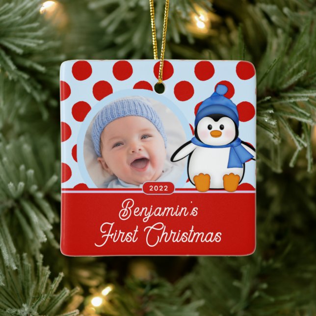 Premier ornement photo de Noël du bébé pingouin (Arbre)